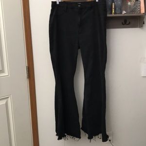 Vibrant MIU jeans, black flare legs, raw hem, size 3X